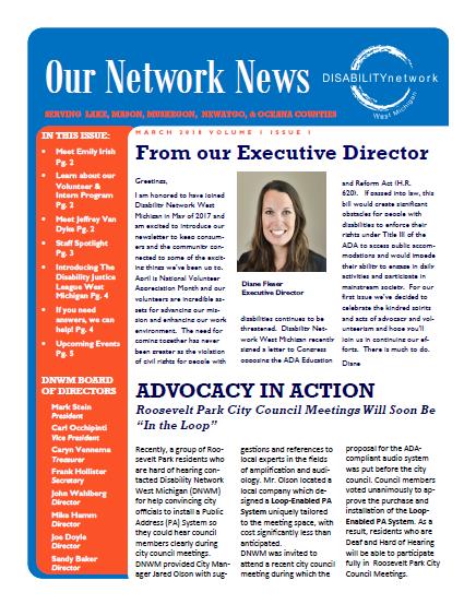 An full page image of a page from the Disability Network West Michigan "Our Network News" newsletter.