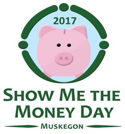 A graphic of a piggy bank placed above the words "Shoe my the money day, Muskegon"